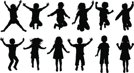 Collection of black silhouettes of children jumping and raising arms kids