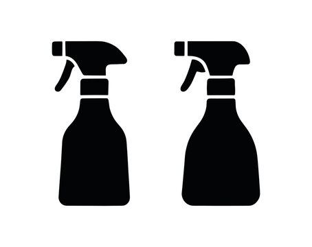 Flat vector illustration two glass spray bottles black and white solid black icon style triggers 2x1 grid equal spacing isolated on white
