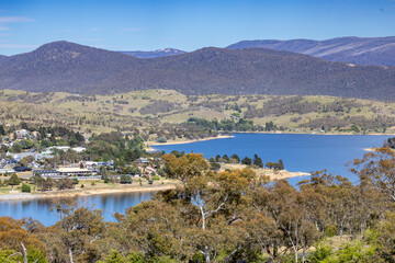 Lake Jindabyne and the township of Jindabyne in the Snowy Mountains, New South Wales Australia
