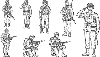 Collection of Soldiers in Military Uniforms Holding Rifles and Saluting army