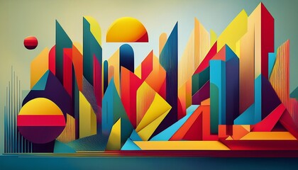 A vibrant and colorful abstract cityscape with geometric shapes and sharp angles, featuring bold colors like red, yellow, blue, and orange. A dynamic and modern artistic design with a futuristic vibe.