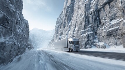 large modern truck driving along icy mountain highway, towering snowy cliffs on both sides, crisp cinematic light, soft drifting snow, dynamic