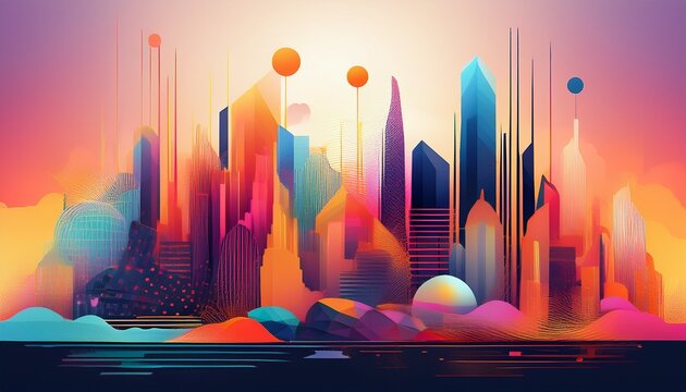 A vibrant and colorful abstract cityscape with geometric shapes and sharp angles, featuring bold colors like red, yellow, blue, and orange. A dynamic and modern artistic design with a futuristic vibe. - Powered by Adobe