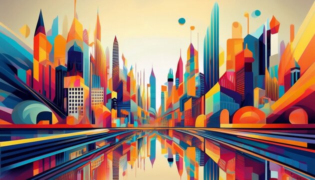 A vibrant and colorful abstract cityscape with geometric shapes and sharp angles, featuring bold colors like red, yellow, blue, and orange. A dynamic and modern artistic design with a futuristic vibe.