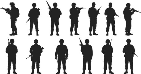Fototapeta premium Silhouette collection of soldiers holding rifles in various poses military
