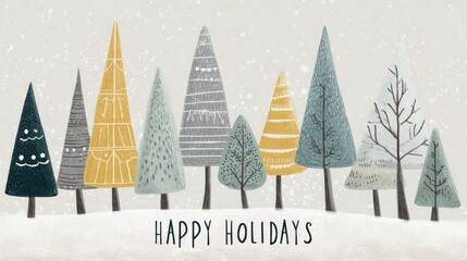 Whimsical winter forest scene with stylized christmas trees and happy holidays greeting