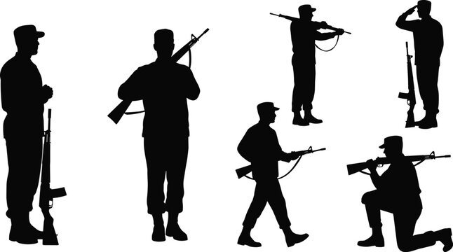Six Black Silhouettes of Soldiers in Uniform with Rifles on White Background military