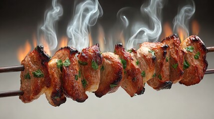 Skewer of meat with a lot of smoke coming off it. The meat is cooked and looks delicious