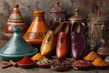 Artisanal Shoes Surrounded by Vibrant Spices and Colorful Pottery: A Fusion of Tradition and Craftsmanship in a Unique Display