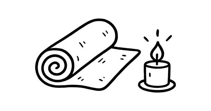 handdrawn cute doodle style yoga mat and candle vector line illustration