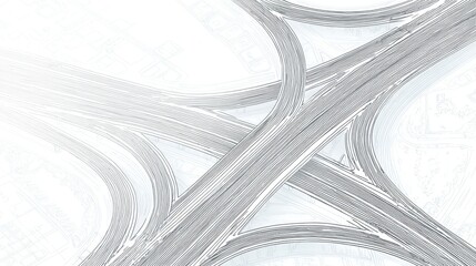 minimalist line art blueprint of a four way highway interchange, thin precise lines, white background, light gray stroke, clean geometry