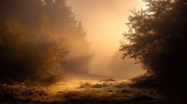 misty forest clearing illuminated by first rays of dawn, golden mist drifting between trees, ethereal calm atmosphere, subtle space above the treeline - Powered by Adobe