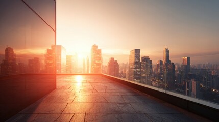 modern city skyline viewed from a rooftop edge at sunset, warm neon reflections on skyscraper glass, glowing orange sky with generous space, urban