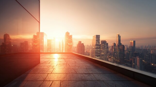 modern city skyline viewed from a rooftop edge at sunset, warm neon reflections on skyscraper glass, glowing orange sky with generous space, urban
