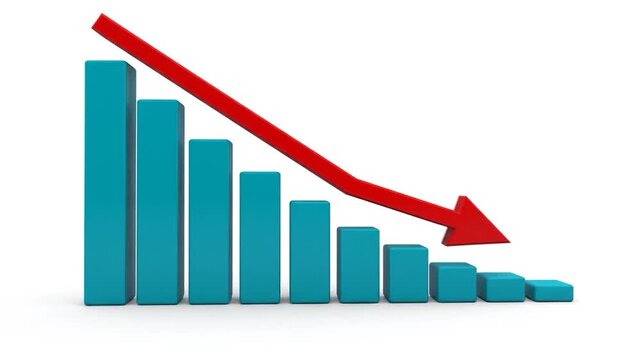 Red arrow pointing down over teal bar graph showing decline financial crisis recession market