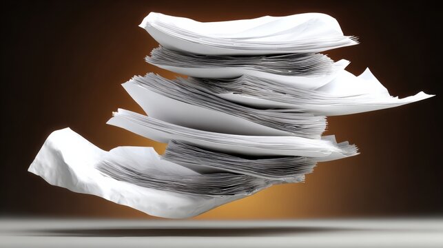 Stack of white papers is shown in a way that makes it look like it's flying. Concept of chaos and disarray, as the papers are piled on top of each other in a haphazard manner