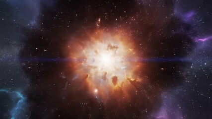 A celestial starburst explosion at the center of a galaxy, symbolizing limitless possibility and innovation in 4K UHD video, perfect for futuristic background visuals or high tech product.