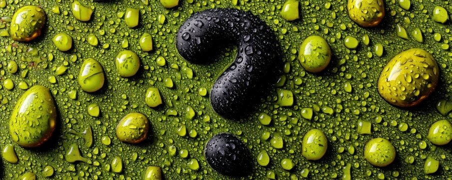 Question mark made of water droplets on a green textured surface in macro detail