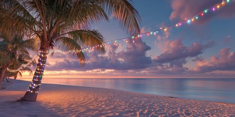 Palm tree wrapped in colorful Christmas lights on a sandy tropical beach at sunset with ocean horizon and cloudy sky. Tropical Christmas celebration, holiday vibes in paradise island style.