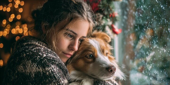 Girl hugs dog by window on a winter day, Christmas lights in background. A tender moment of warmth and connection in a festive home. - Powered by Adobe