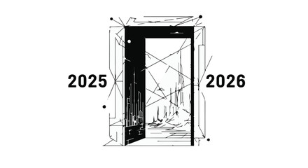 Open doorway symbolizing transition from 2025 to 2026 with abstract architectural sketch elements