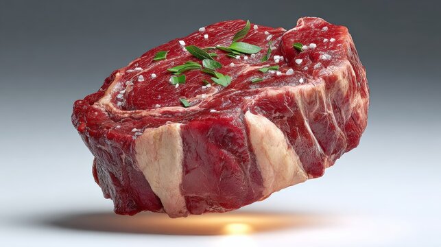 Piece of meat with a sprinkle of salt and pepper on top. The meat is cut in half and has a light shining on it - Powered by Adobe