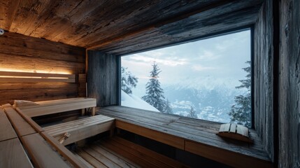 rustic alpine sauna with panoramic window overlooking snowy mountains, warm glowing interior, wooden benches, soft steam, contrast of cold scenery