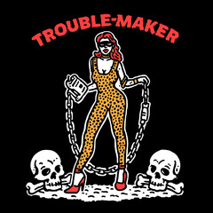 Bold woman in leopard print costume holding drink with skulls, exuding confidence and attitude