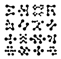 Vector illustration shows a set of abstract black blobs and organic shapes on a white background. The style is minimalistic and modern, using rounded, interconnected forms for a futuristic theme.