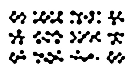 Vector illustration shows a set of abstract black blobs and organic shapes on a white background. The style is minimalistic Y2K, using rounded, interconnected forms for a futuristic theme.