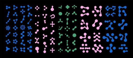 Vector illustration features sets of abstract organic shapes in blue, pink, and green. The modern, playful style uses rounded and interconnected forms, evoking a futuristic and experimental theme.