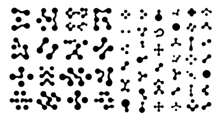 Vector illustration shows a set of abstract black blobs and organic shapes on a white background. The style is minimalistic Y2K, using rounded, interconnected forms for a futuristic theme.