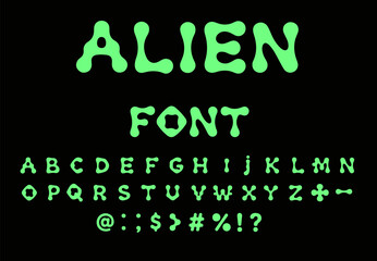 Vector illustration features a bold, bubbly alien-inspired font in bright neon green on a solid black background. The style is playful and futuristic, with rounded, organic shapes and a sci-fi theme.