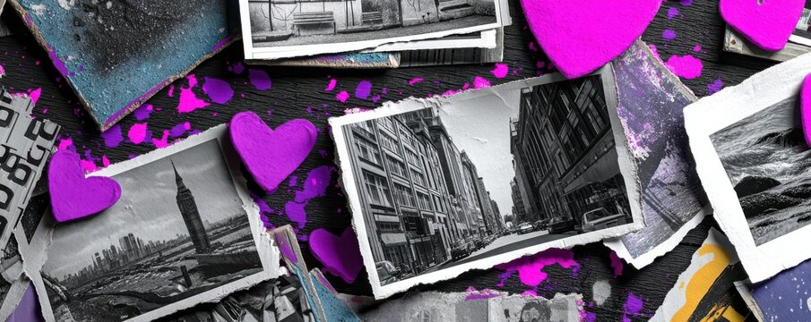 Fototapeta Collage of black and white city photos with purple hearts and paint splashes, nostalgic vibe