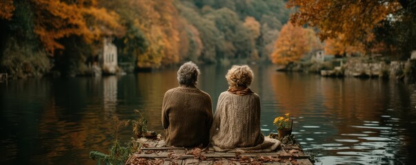 Elderly couple enjoying a serene lakeside view in autumn
