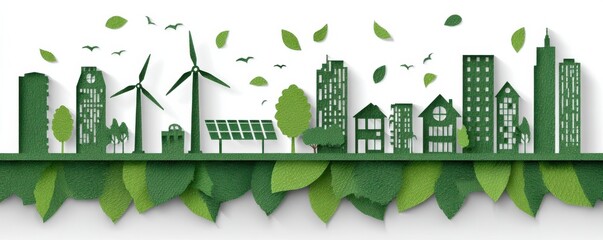 Eco city skyline with wind turbines and solar panels amid green leaves and nature art
