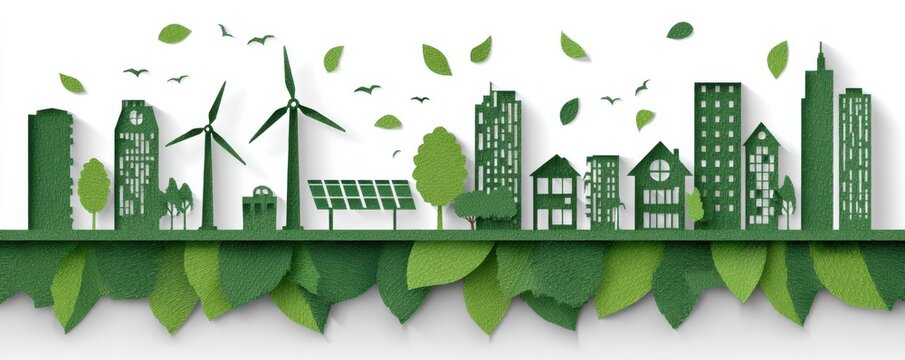 Eco city skyline with wind turbines and solar panels amid green leaves and nature art - Powered by Adobe