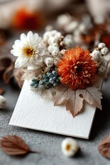 Fototapeta premium Autumn styled greeting card decorated with chrysanthemums and fall-themed accents