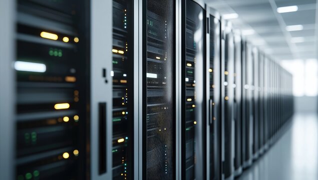 Modern IT data center hallway with rows of illuminated server racks and soft ambient lighting, idea for digital infrastructure visuals and high tech computing themed presentations