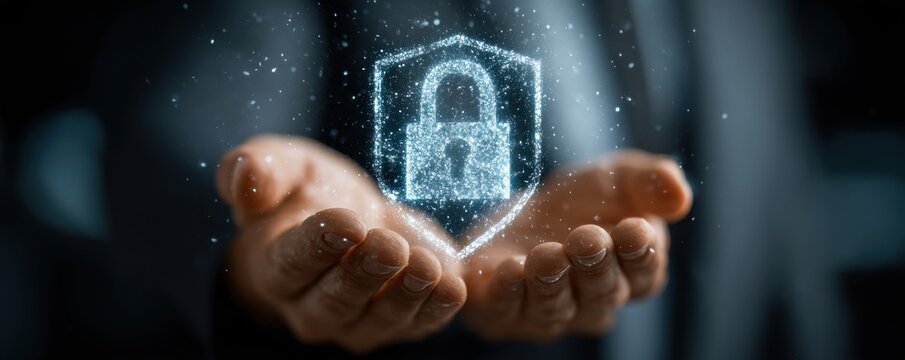Businessman holds holographic padlock and shield, symbolizing cybersecurity, data protection, and digital security in a modern setting