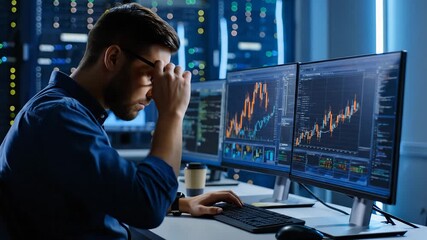 Software developer analyzing financial graphs and coding on multiple computer screens. Young adult man working in a secure data center environment - Powered by Adobe
