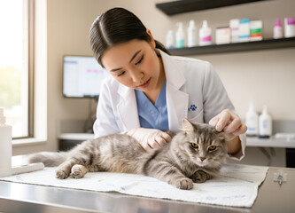 Asian woman veterinarian gently examining a gray cat on a table in a modern clinic, showcasing compassionate care and professional veterinary services