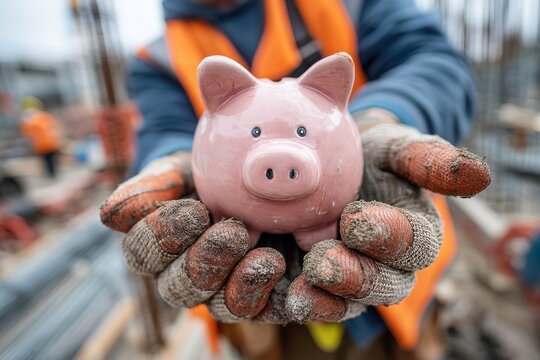 Construction worker in orange safety vest holds pink piggy bank at a busy construction site - Powered by Adobe