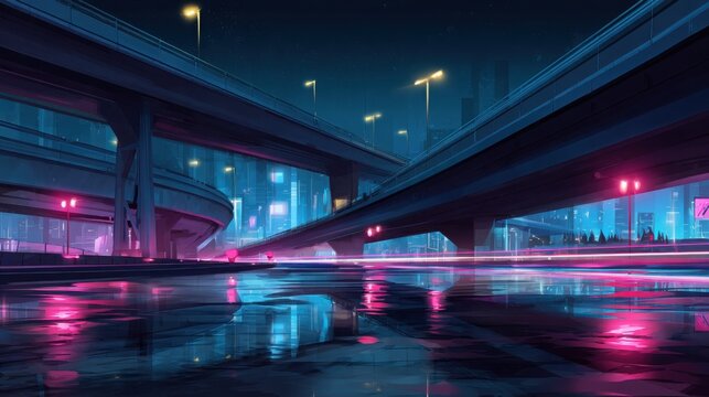 shiny wet highways under neon blue and magenta city lights, futuristic elevated roads, reflections and atmosphere, stylish but readable composition
