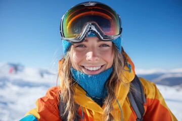 Colorful Ski Attire: Woman Smiles on Snowy Mountain Peak