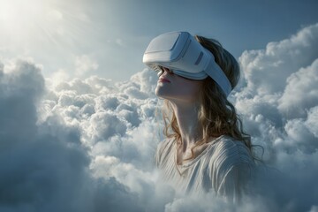 Virtual Reality Headset: Woman Exploring Metaverse World
