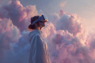 Future Tech: Woman Immersed in Digital Cloud Metaverse