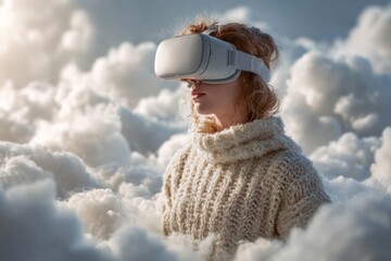 Woman in VR Headset Experiences Metaverse in Clouds