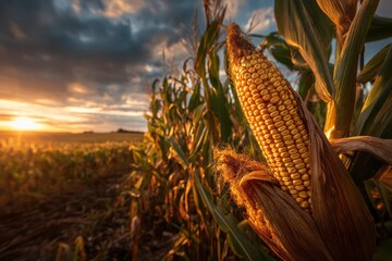 Ripe Corn Cobs in Field Under a Dramatic Sunset Sky