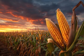 Warm Harvest Light on Corn Field at Golden Hour Sunset